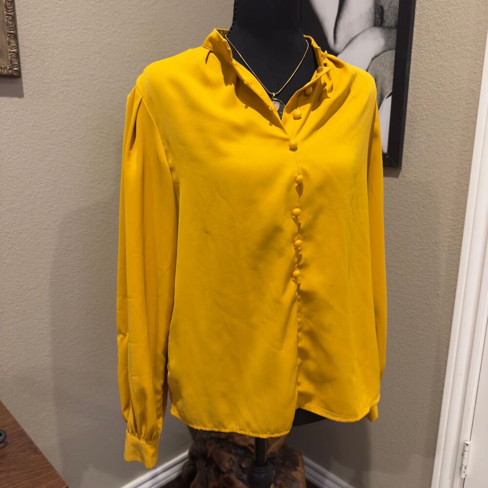 Mustard Yellow Satin Mock Neck Button Blouse
